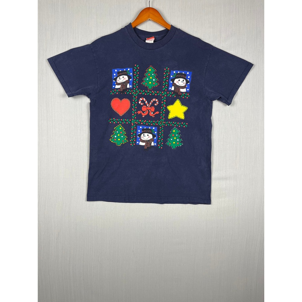 Snowden VTG 90s Christmas Graphic T-Shirt Womens Large Navy Blue Snowman READ - Picture 2 of 10